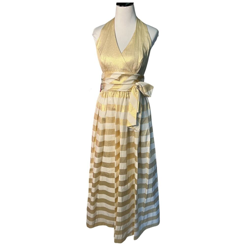 Vintage 1980s Gold Metallic Striped Niki Originals Halter Gown Medium